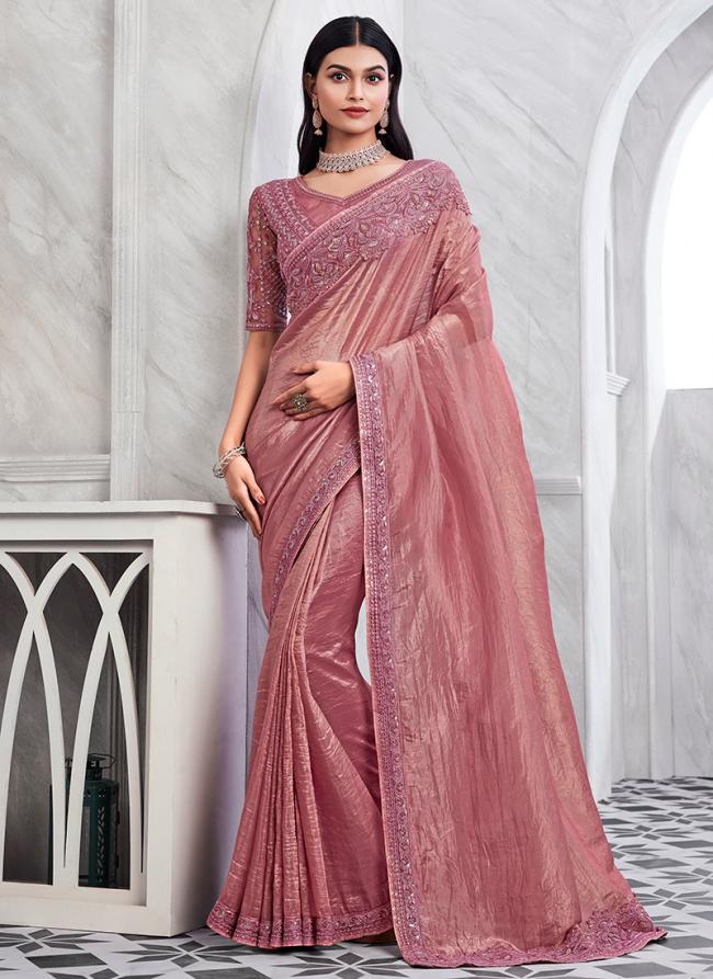 Sim-sim Silk Pink Party Wear Embroidery Work Saree